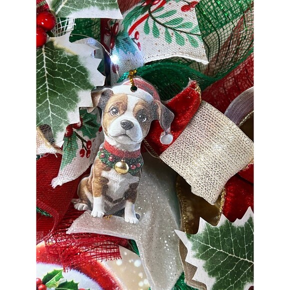 Handmade Christmas Santa Puppy Holiday Ribbon Door Wreath 22 ins W76 - Picture 7 of 12